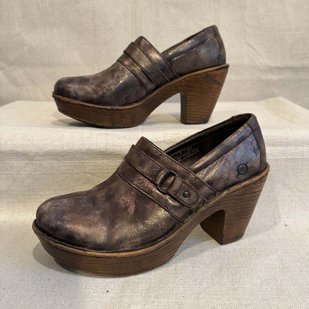 Born Womens Metallic Leather Clog Mule Silver Pewter Platform Block Heel Women 9